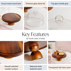 Pedestal Acacia Wood Cake Stand With Cloche 22cm Nestasia