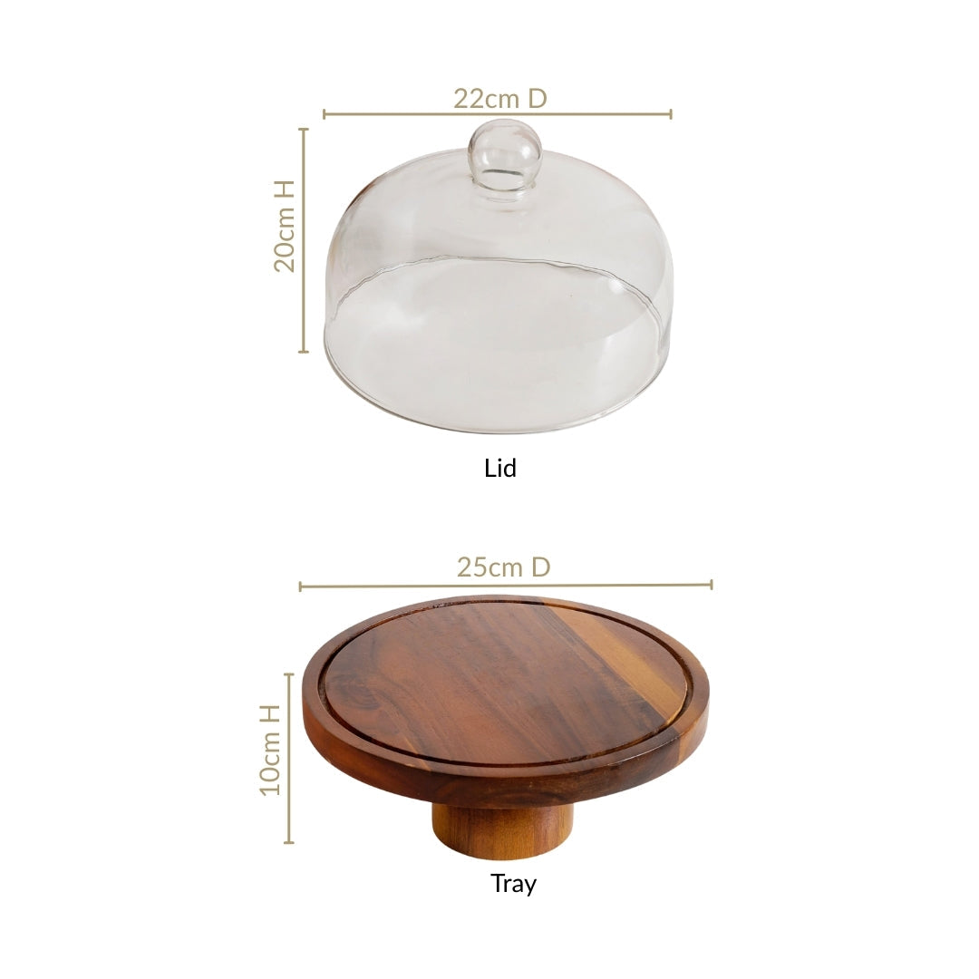 Pedestal Acacia Wood Cake Stand With Cloche 22cm Nestasia