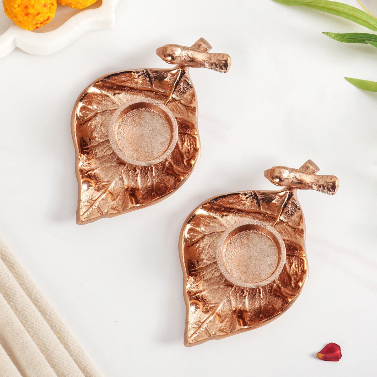 NestGlow Bird Leaf Tealight Candle Holder Set Of 2 Rose Gold Nestasia