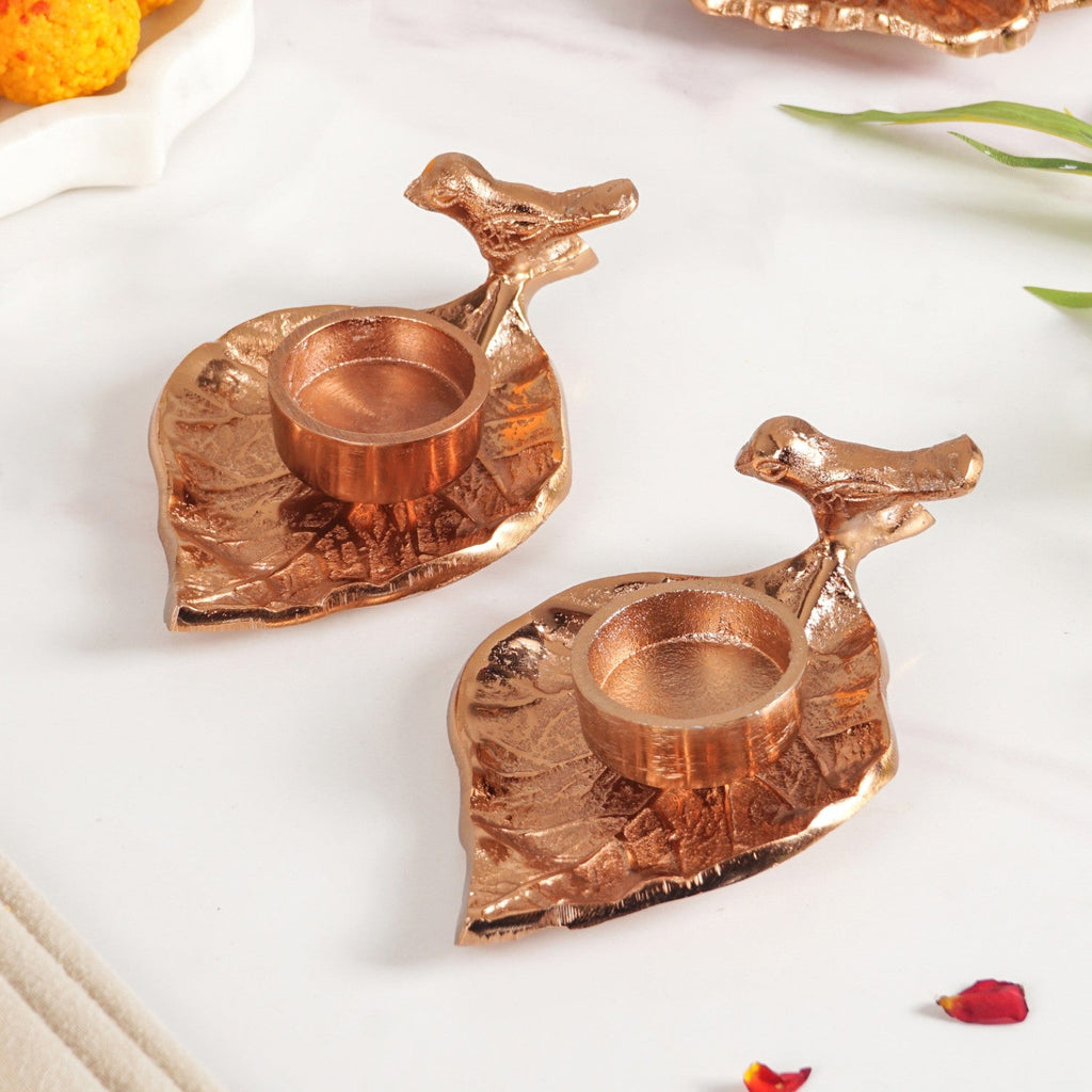 NestGlow Bird Leaf Tealight Candle Holder Set Of 2 Rose Gold Nestasia