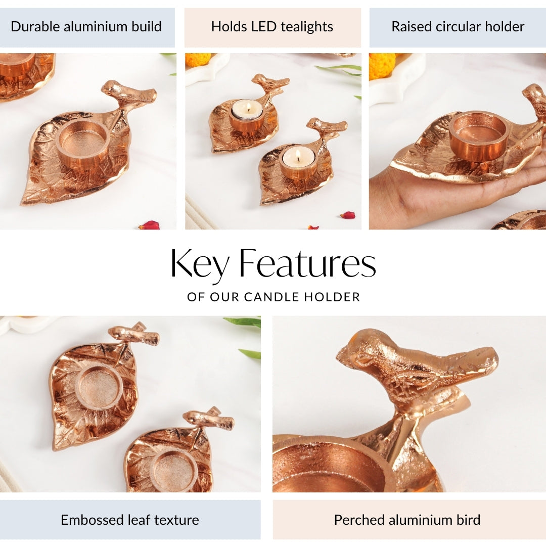 NestGlow Bird Leaf Tealight Candle Holder Set Of 2 Rose Gold Nestasia