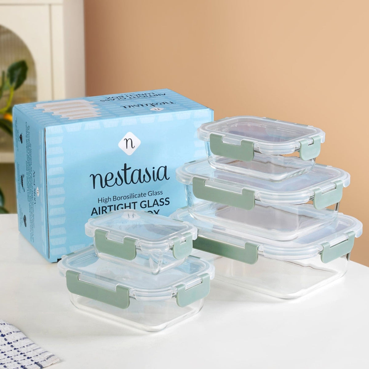 Nestro Airtight Food Storage Box Set Of 5 Green XS 185ml S 370ml M 600ml L 1000ml XL 1500ml Nestasia