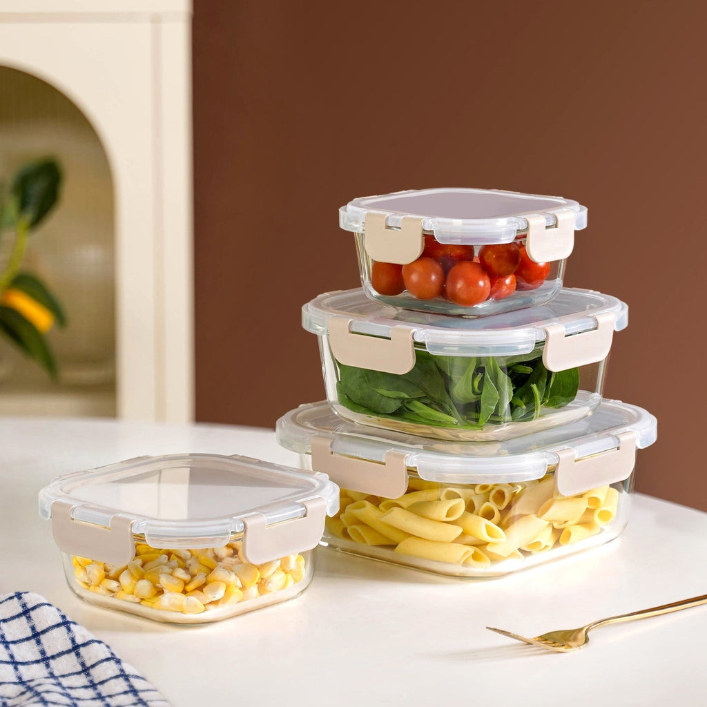 Nestro Airtight Food Storage Square Container Set Of 4 Beige S 300ml M 500ml L 800ml XL 1200ml Nestasia