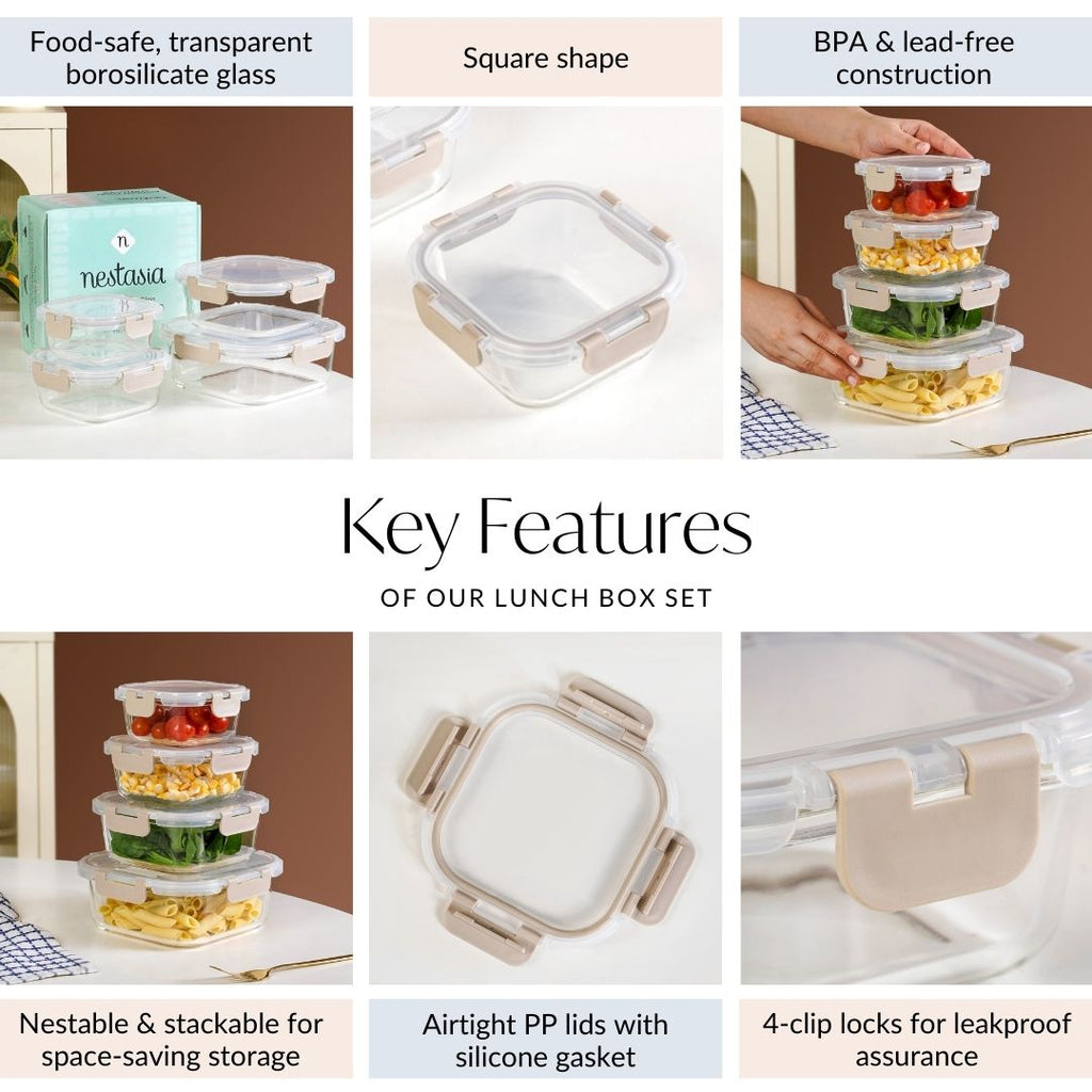 Nestro Airtight Food Storage Square Container Set Of 4 Beige S 300ml M 500ml L 800ml XL 1200ml Nestasia
