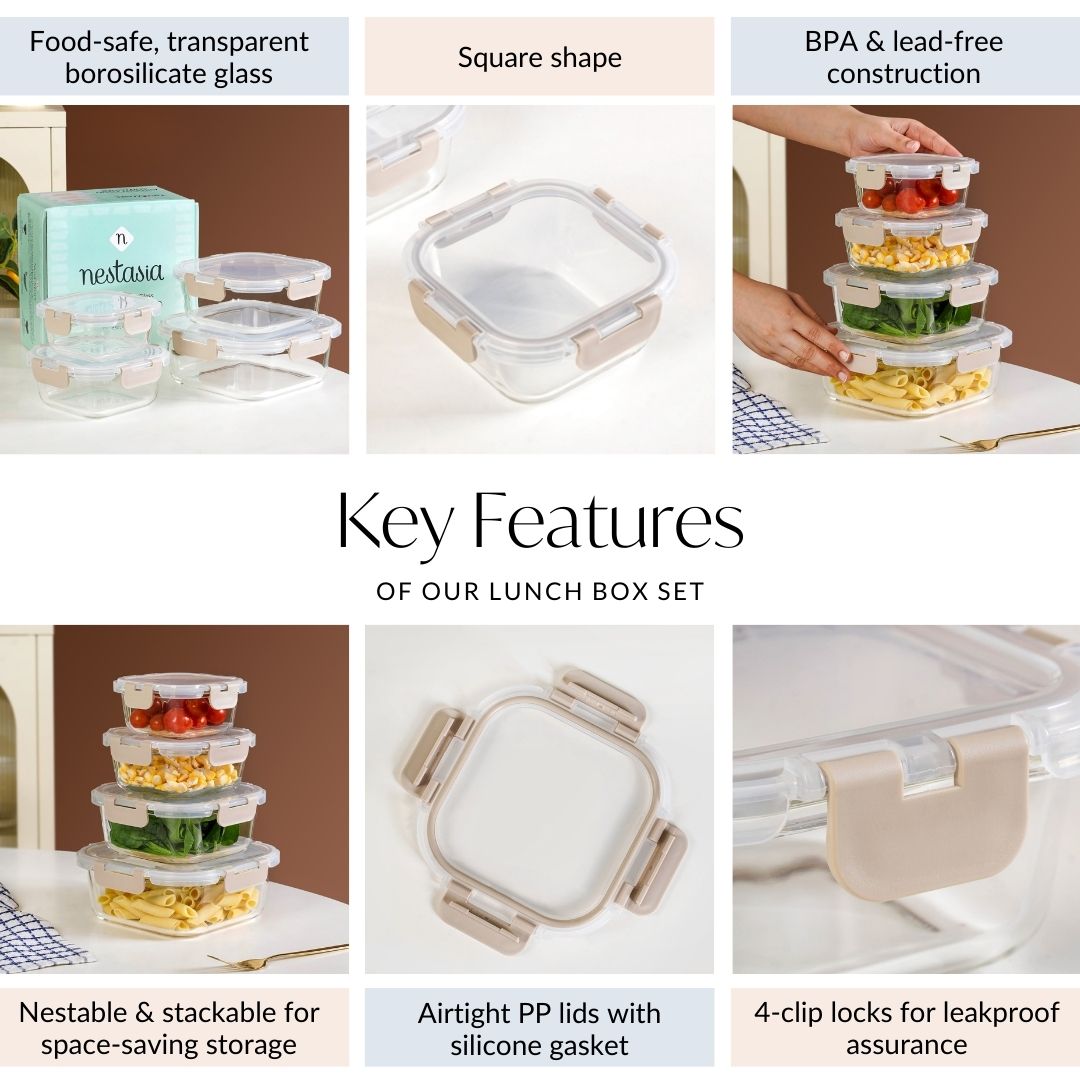 Nestro Airtight Food Storage Square Container Set Of 4 Beige S 300ml M 500ml L 800ml XL 1200ml Nestasia