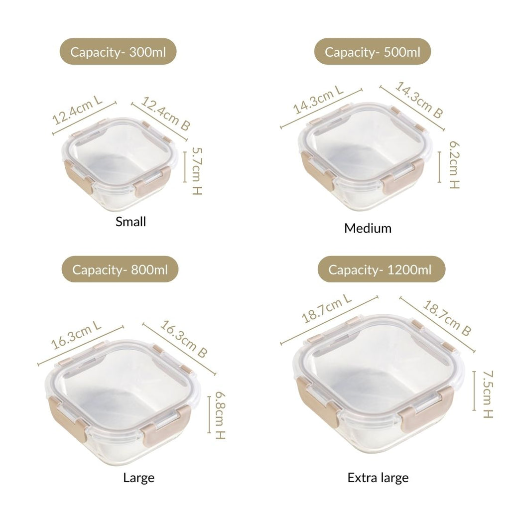 Nestro Airtight Food Storage Square Container Set Of 4 Beige S 300ml M 500ml L 800ml XL 1200ml Nestasia