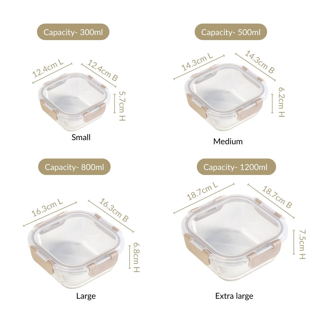 Nestro Airtight Food Storage Square Container Set Of 4 Beige S 300ml M 500ml L 800ml XL 1200ml Nestasia