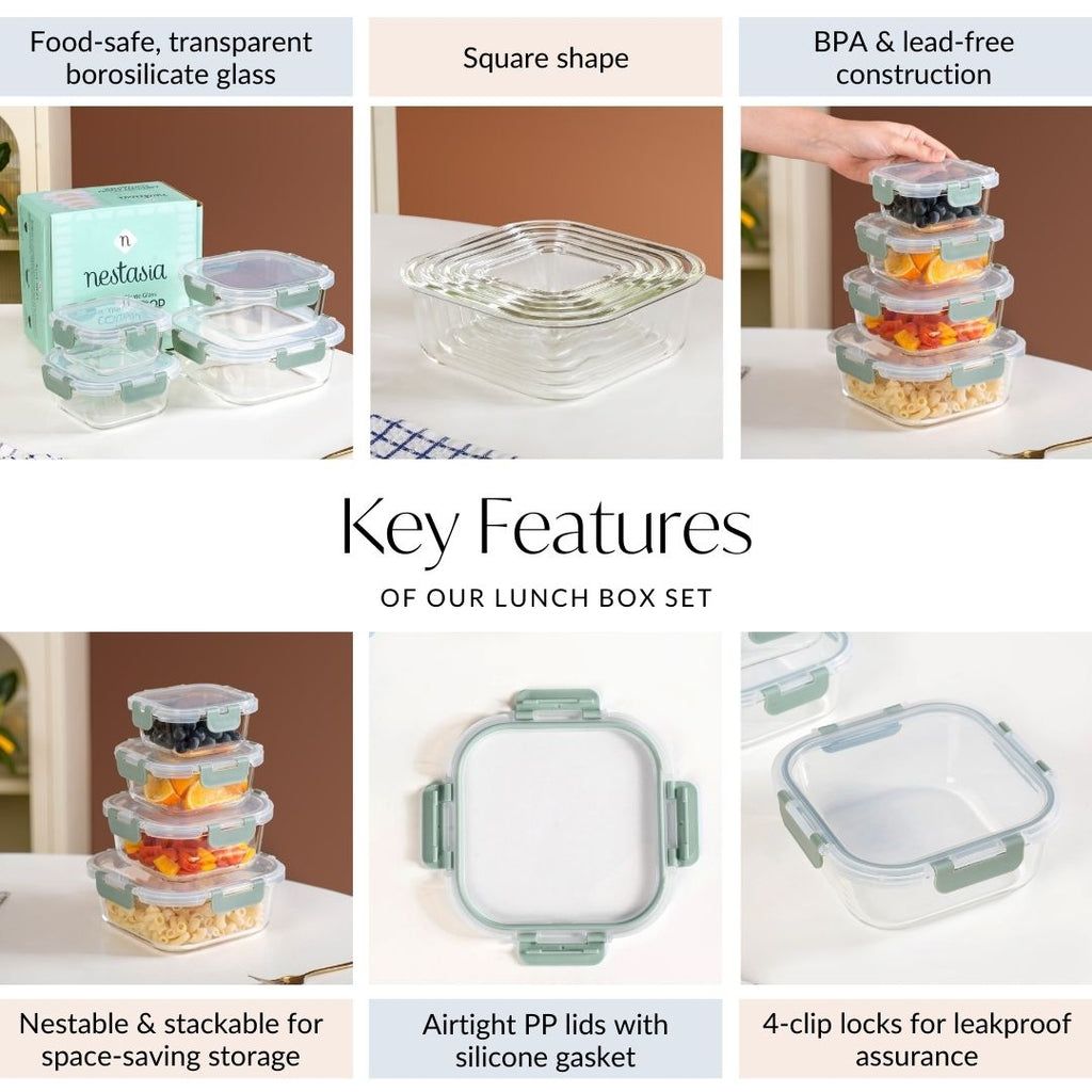 Nestro Airtight Food Storage Square Container Set Of 4 Green S 300ml M 500ml L 800ml XL 1200ml Nestasia