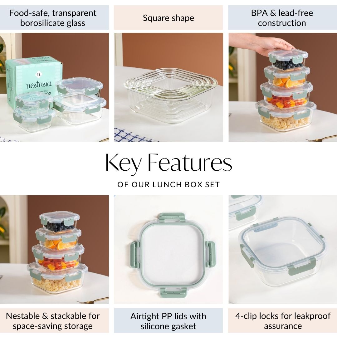 Nestro Airtight Food Storage Square Container Set Of 4 Green S 300ml M 500ml L 800ml XL 1200ml Nestasia