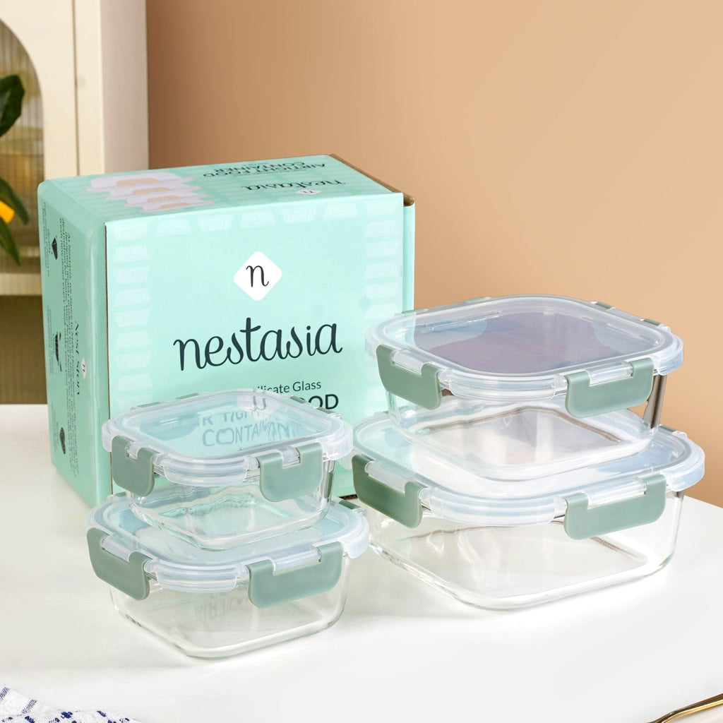 Nestro Airtight Food Storage Square Container Set Of 4 Green S 300ml M 500ml L 800ml XL 1200ml Nestasia