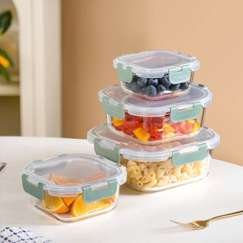 Nestro Airtight Food Storage Square Container Set Of 4 Green S 300ml M 500ml L 800ml XL 1200ml Nestasia