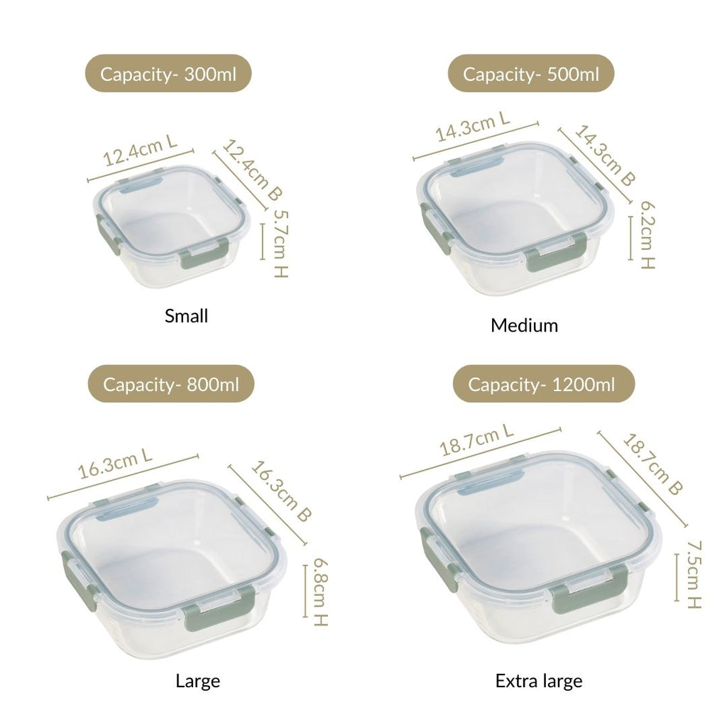 Nestro Airtight Food Storage Square Container Set Of 4 Green S 300ml M 500ml L 800ml XL 1200ml Nestasia