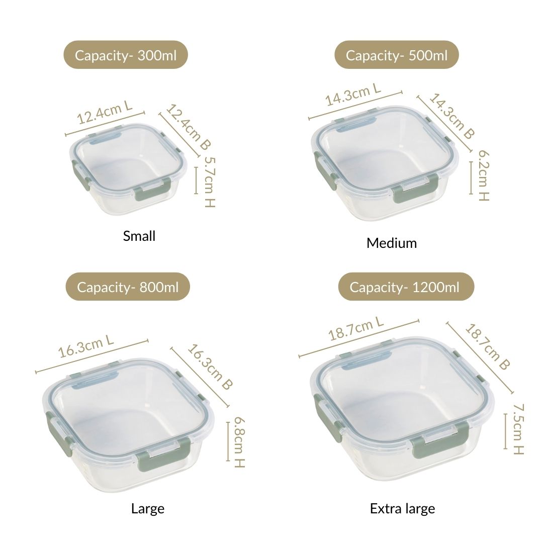 Nestro Airtight Food Storage Square Container Set Of 4 Green S 300ml M 500ml L 800ml XL 1200ml Nestasia