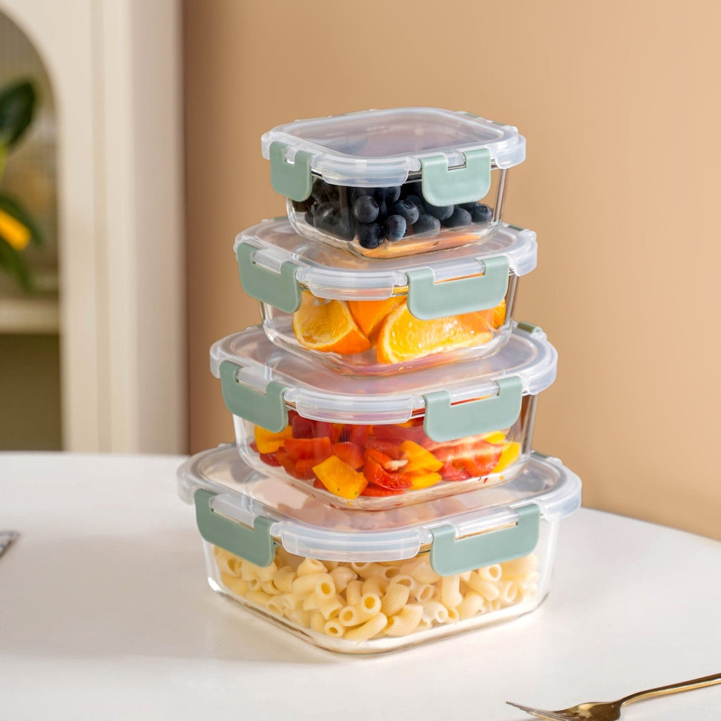 Nestro Airtight Food Storage Square Container Set Of 4 Green S 300ml M 500ml L 800ml XL 1200ml Nestasia
