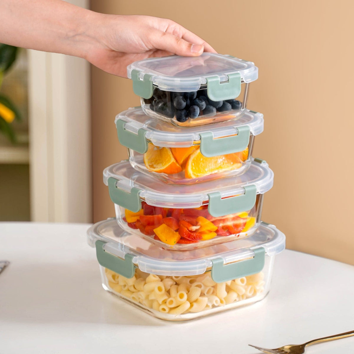 Nestro Airtight Food Storage Square Container Set Of 4 Green S 300ml M 500ml L 800ml XL 1200ml Nestasia