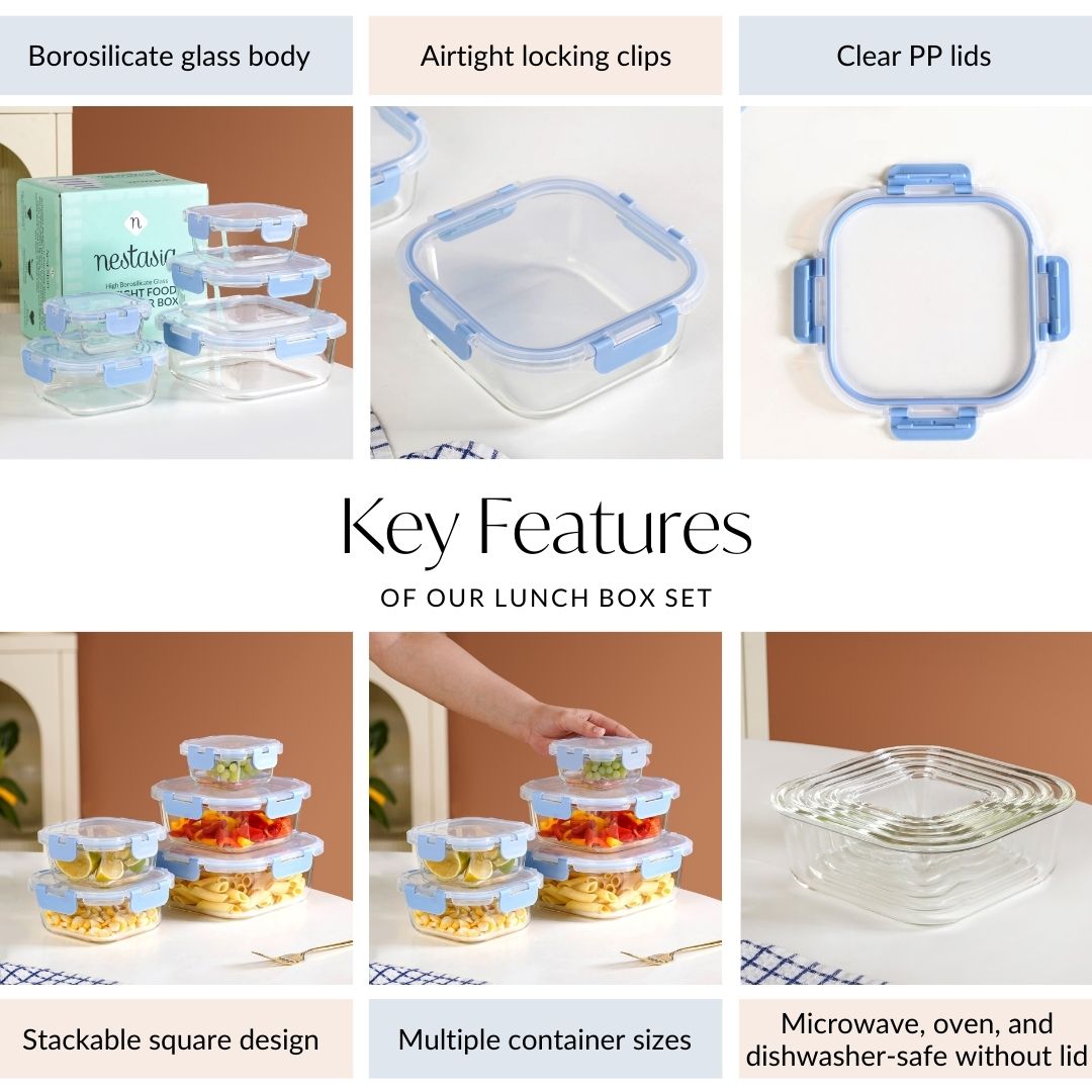 Nestro Airtight Food Storage Square Container Set Of 5 Blue XS 160 S 300 M 500 L 800 XL 1200 Nestasia