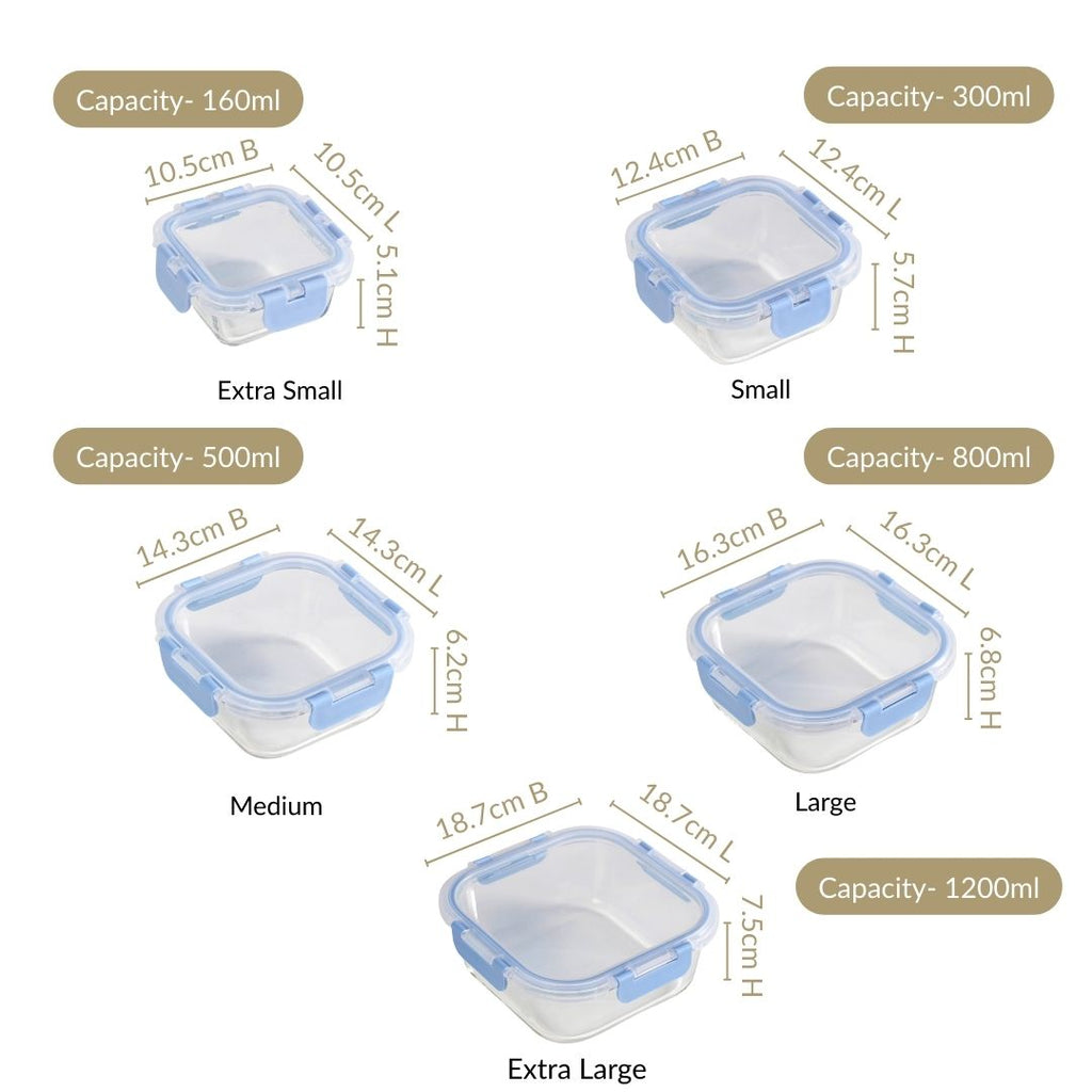 Nestro Airtight Food Storage Square Container Set Of 5 Blue XS 160 S 300 M 500 L 800 XL 1200 Nestasia