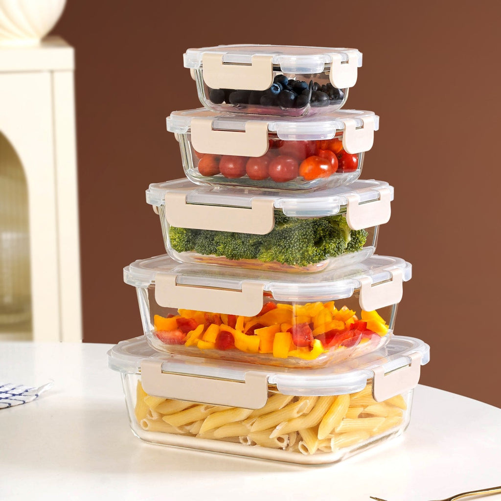 Nestro Leakproof Food Storage Box Set Of 5 Beige XS 185ml S 370ml M 600ml L 1000ml XL 1500ml Nestasia