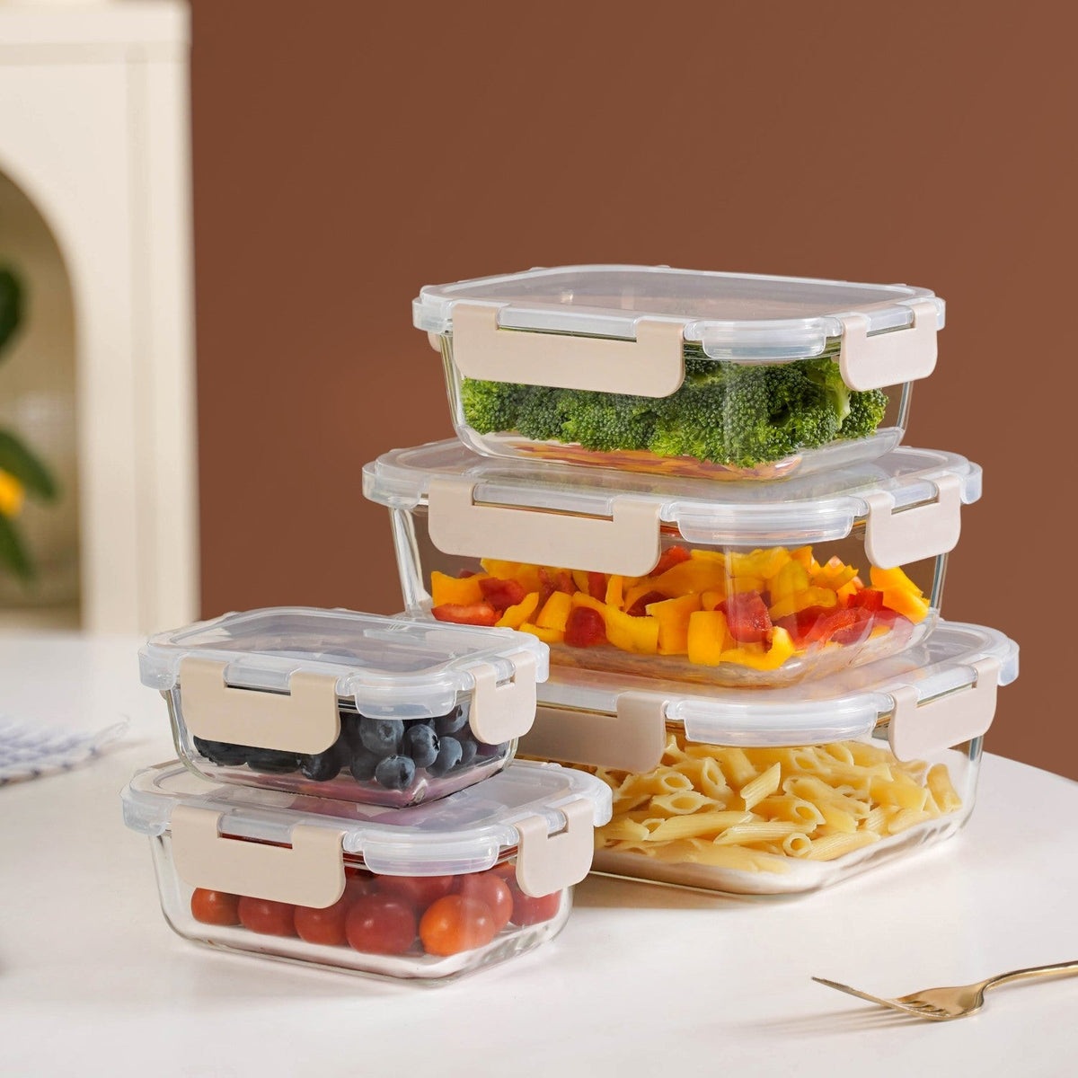 Nestro Leakproof Food Storage Box Set Of 5 Beige XS 185ml S 370ml M 600ml L 1000ml XL 1500ml Nestasia