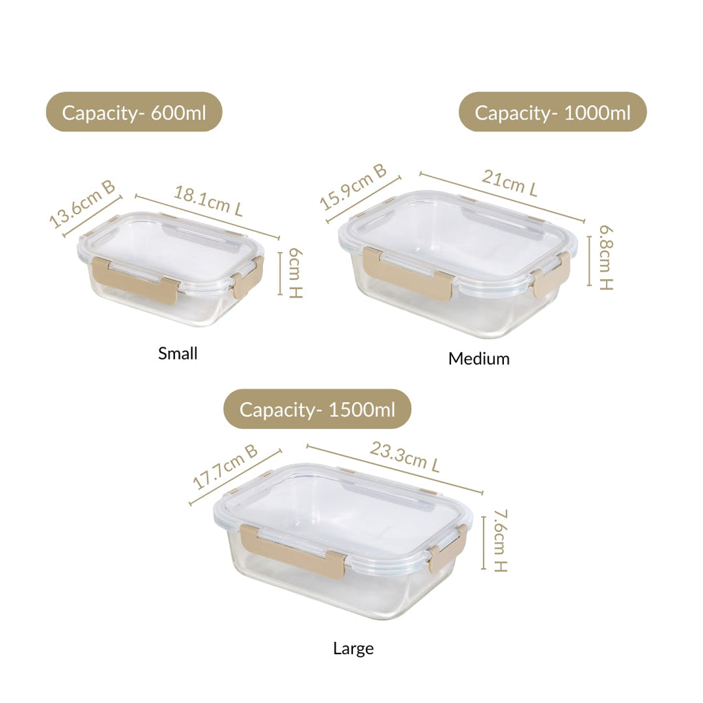 Nestro Leakproof Rectangular Food Storage Box Set Of 3 Beige S 600ml M 1000ml L 1500ml Nestasia