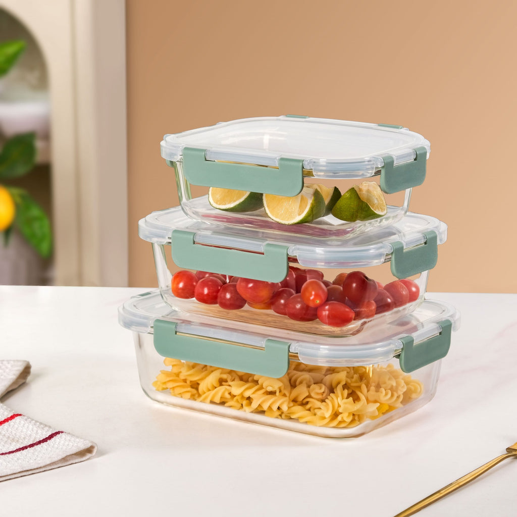 Nestro Leakproof Rectangular Food Storage Box Set Of 3 Green S 600ml M 1000ml L 1500ml Nestasia