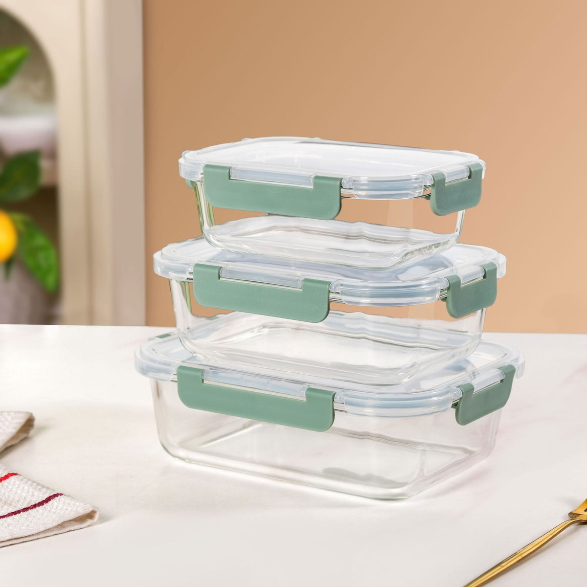 Nestro Leakproof Rectangular Food Storage Box Set Of 3 Green S 600ml M 1000ml L 1500ml Nestasia