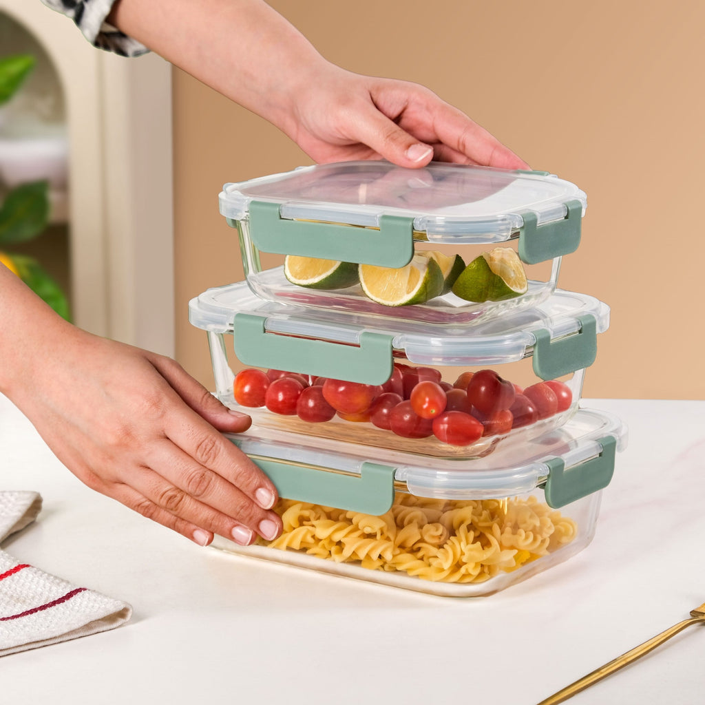 Nestro Leakproof Rectangular Food Storage Box Set Of 3 Green S 600ml M 1000ml L 1500ml Nestasia