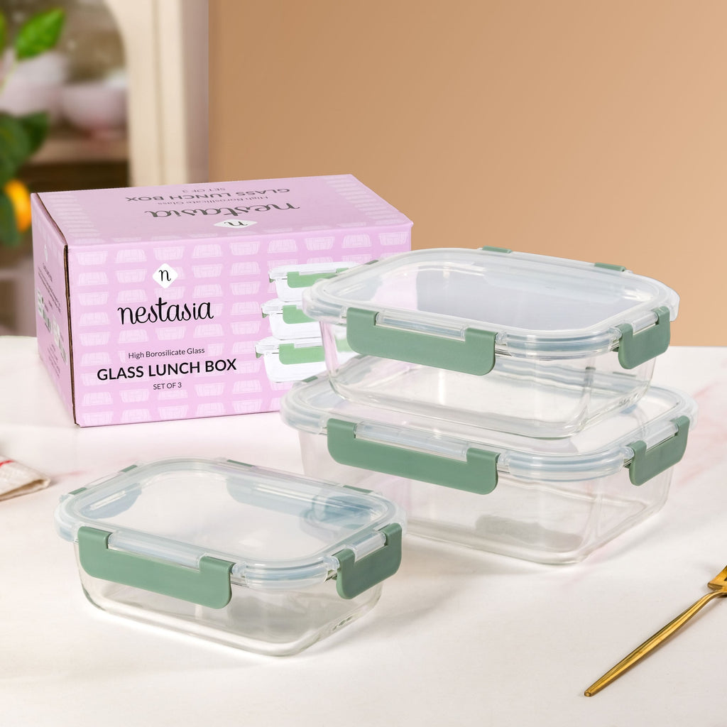 Nestro Leakproof Rectangular Food Storage Box Set Of 3 Green S 600ml M 1000ml L 1500ml Nestasia