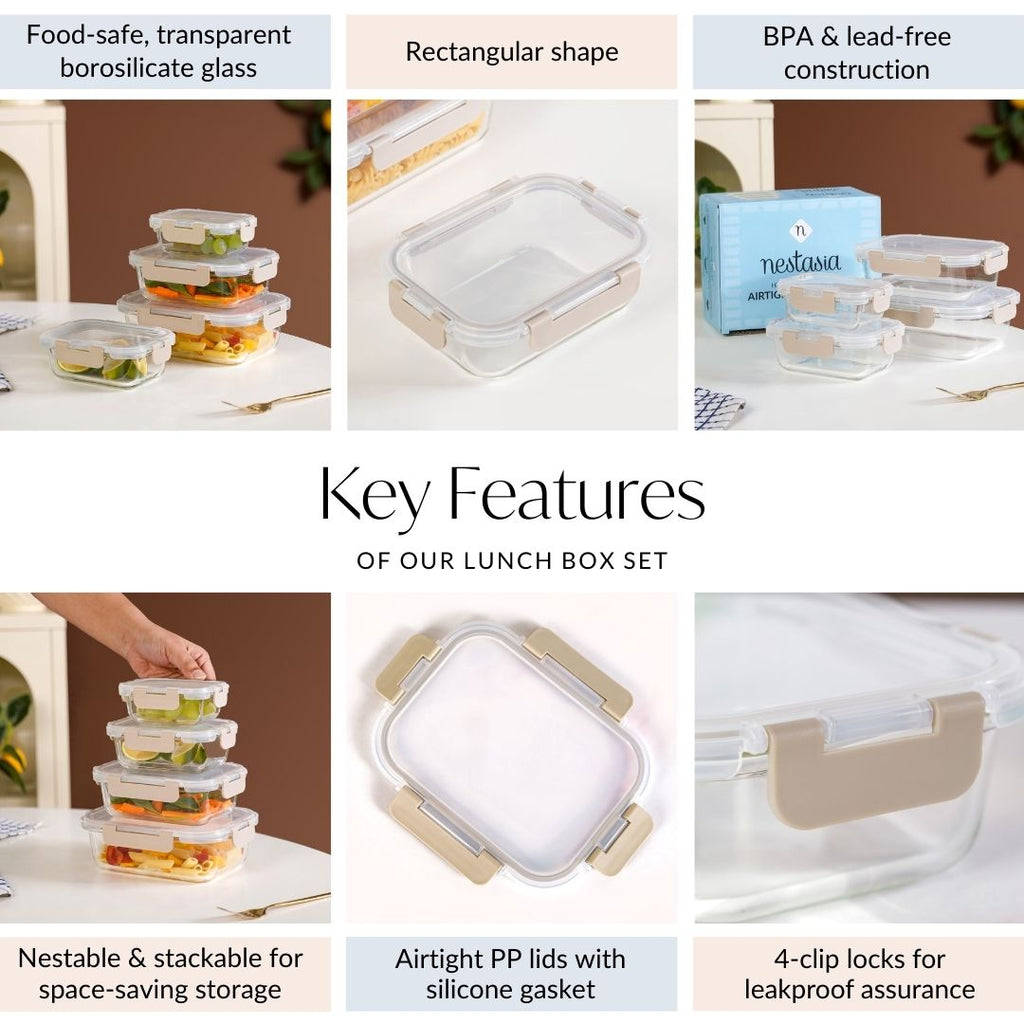 Nestro Leakproof Stackable Food Storage Lunch Box Set Of 4 Beige S 185ml M 370ml L 600ml XL 1000ml Nestasia