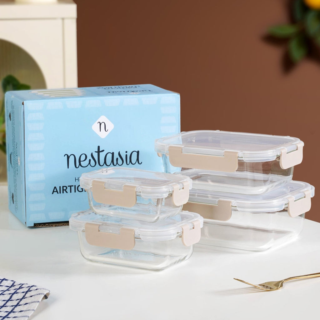 Nestro Leakproof Stackable Food Storage Lunch Box Set Of 4 Beige S 185ml M 370ml L 600ml XL 1000ml Nestasia