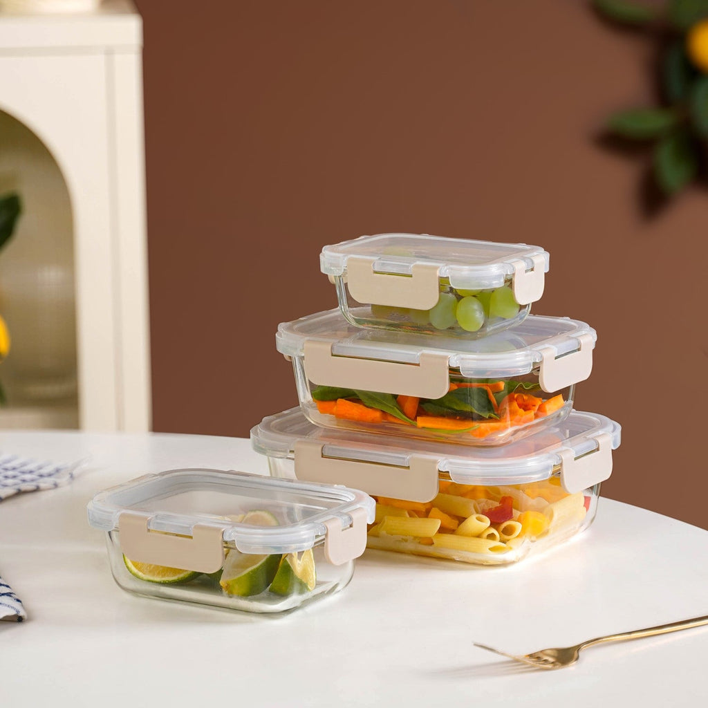 Nestro Leakproof Stackable Food Storage Lunch Box Set Of 4 Beige S 185ml M 370ml L 600ml XL 1000ml Nestasia