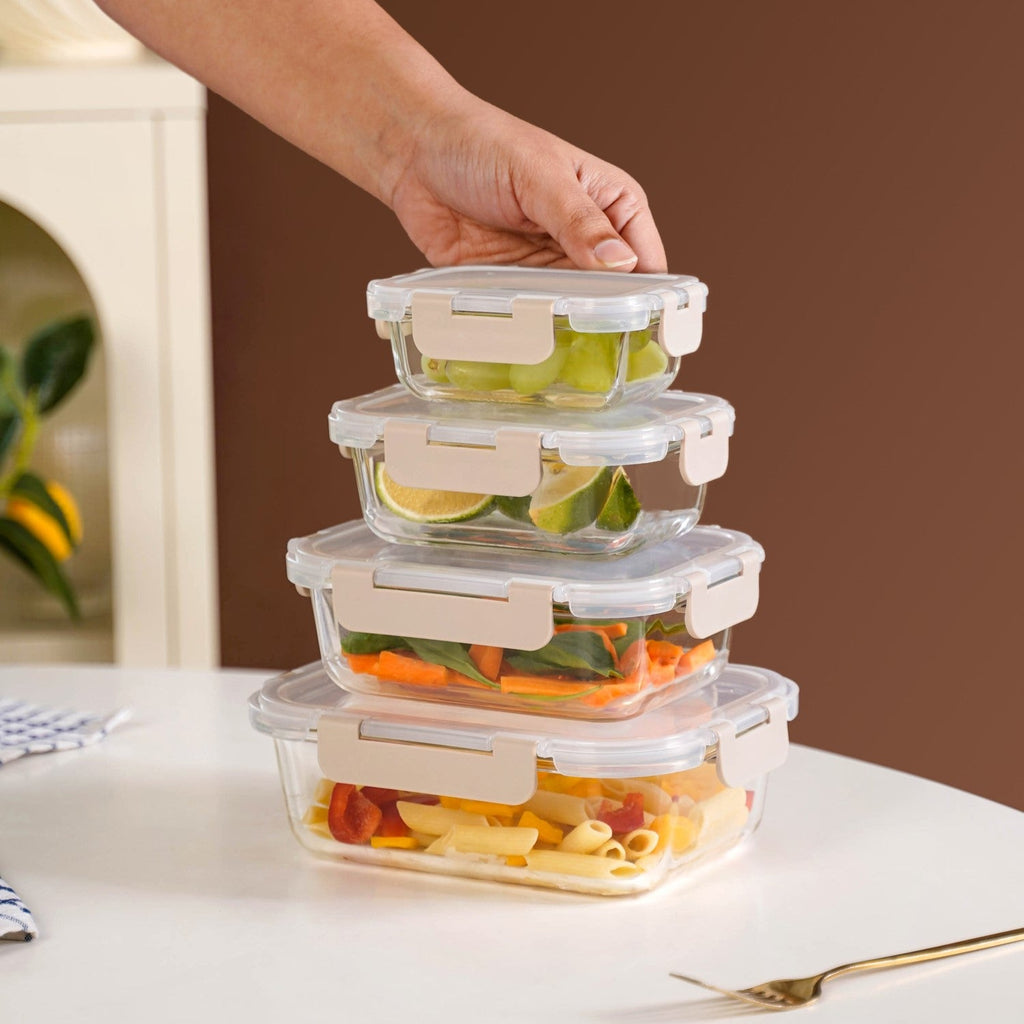 Nestro Leakproof Stackable Food Storage Lunch Box Set Of 4 Beige S 185ml M 370ml L 600ml XL 1000ml Nestasia