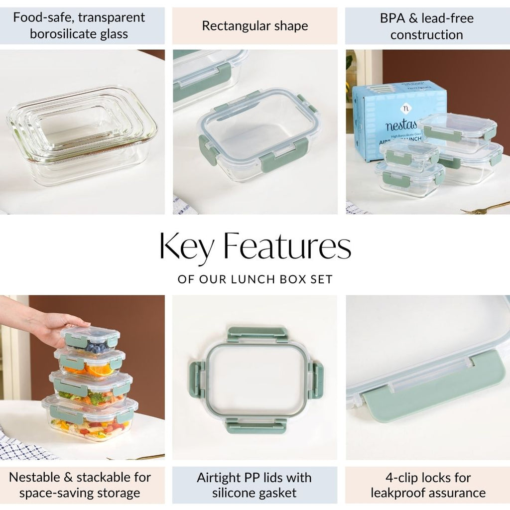 Nestro Leakproof Stackable Food Storage Lunch Box Set Of 4 Green S 185ml M 370ml L 600ml XL 1000ml Nestasia