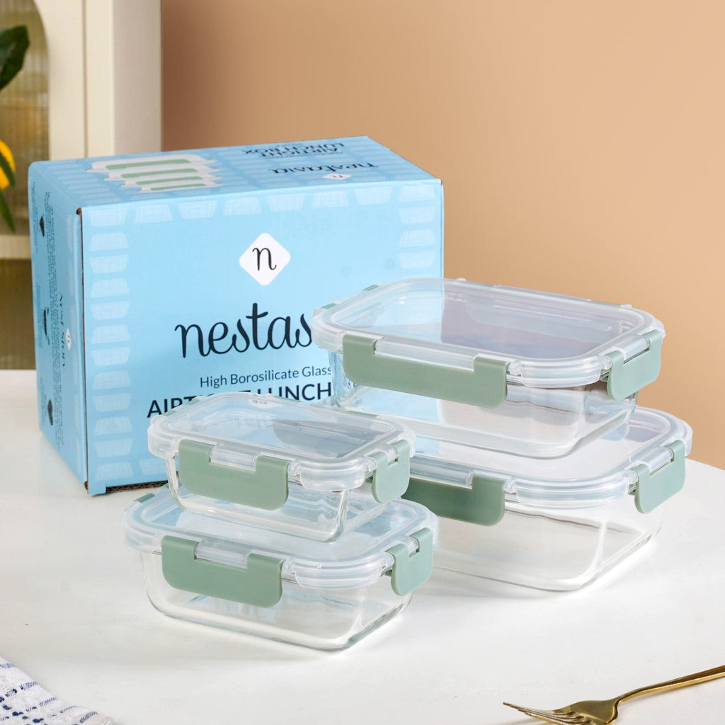 Nestro Leakproof Stackable Food Storage Lunch Box Set Of 4 Green S 185ml M 370ml L 600ml XL 1000ml Nestasia
