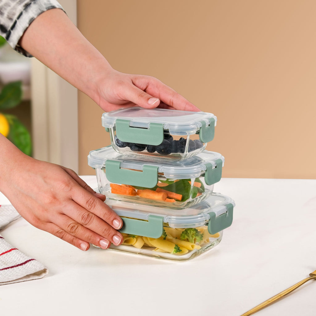 Nestro Microwave Safe Airtight Storage Box Set Of 3 Green S 185ml M 370ml L 600ml Nestasia