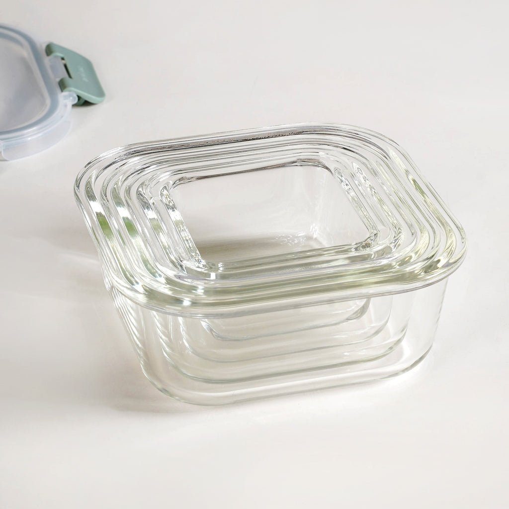 Nestro Airtight Clip Lock Containers Set Of 4 Square Sage Green 160ml 300ml 500ml 800ml Nestasia