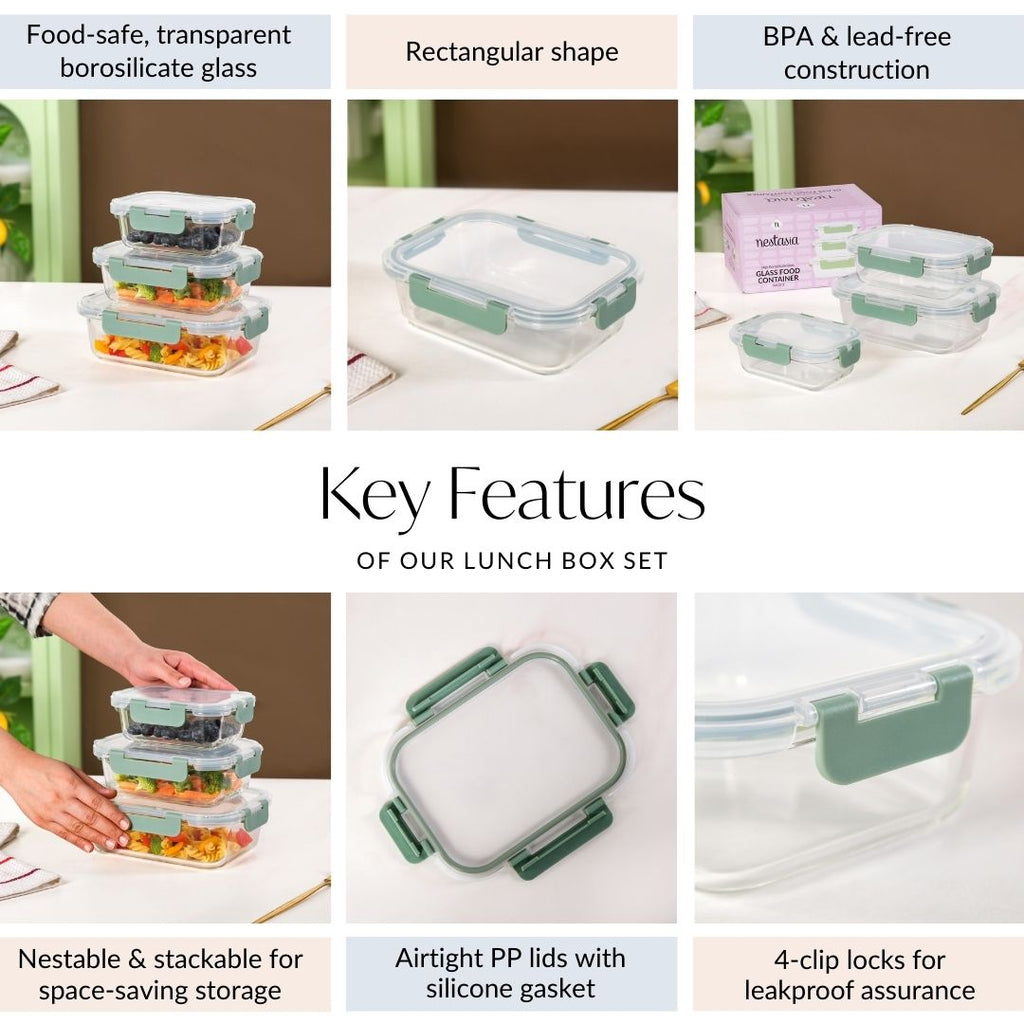 Nestro Lunch Box Set Of 3 Green S 370ml M 600ml L 1000ml Nestasia