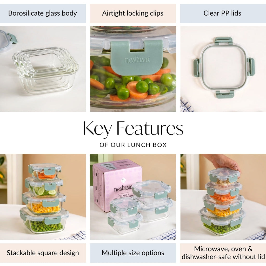 Nestro Airtight Clip Lock Containers Set Of 4 Square Sage Green 160ml 300ml 500ml 800ml Nestasia