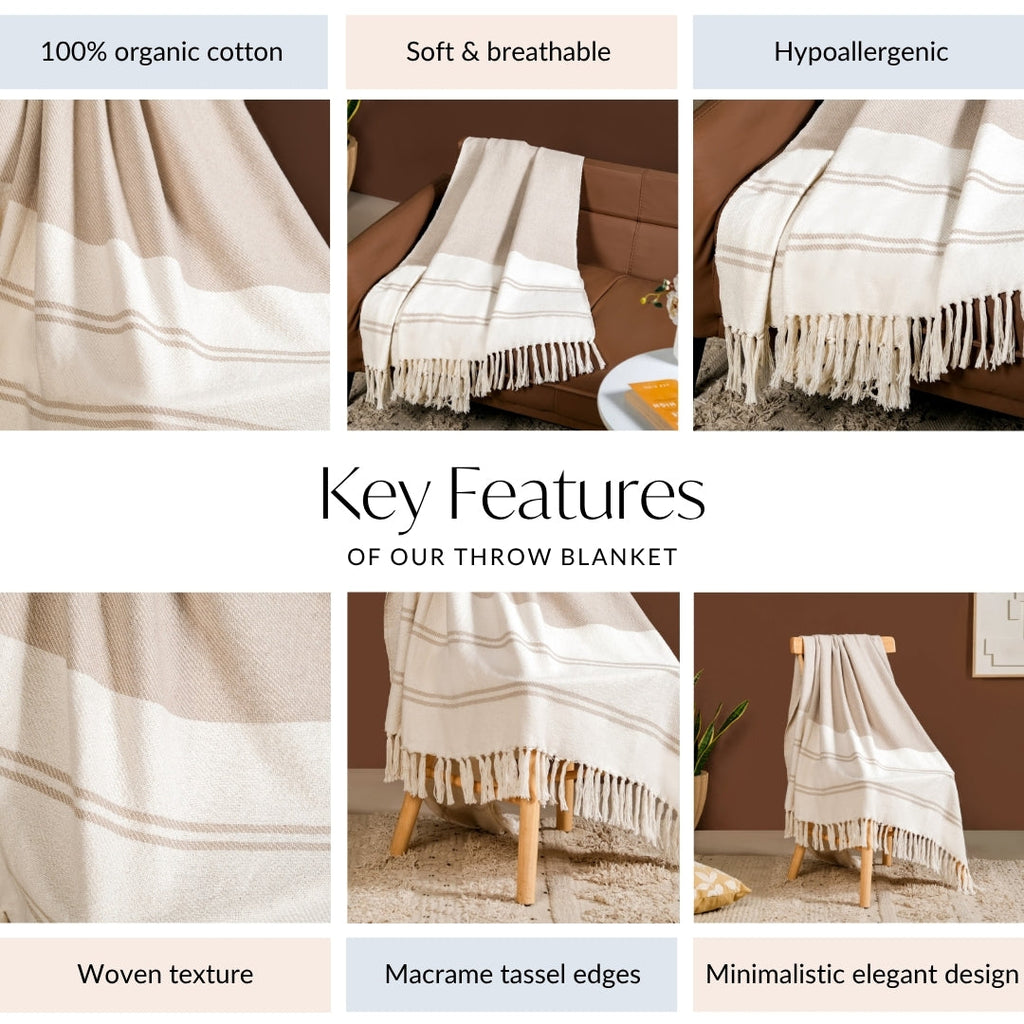 Neutral Greige Cotton Throw With Tassels Nestasia