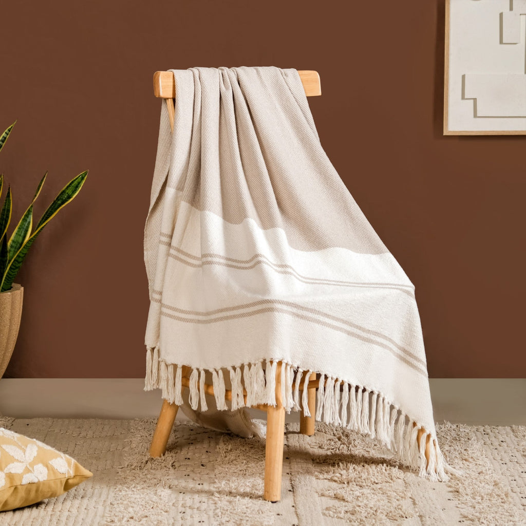 Neutral Greige Cotton Throw With Tassels Nestasia