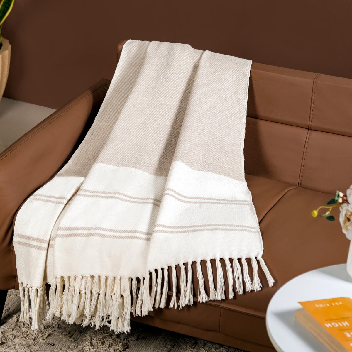 Neutral Greige Cotton Throw With Tassels Nestasia