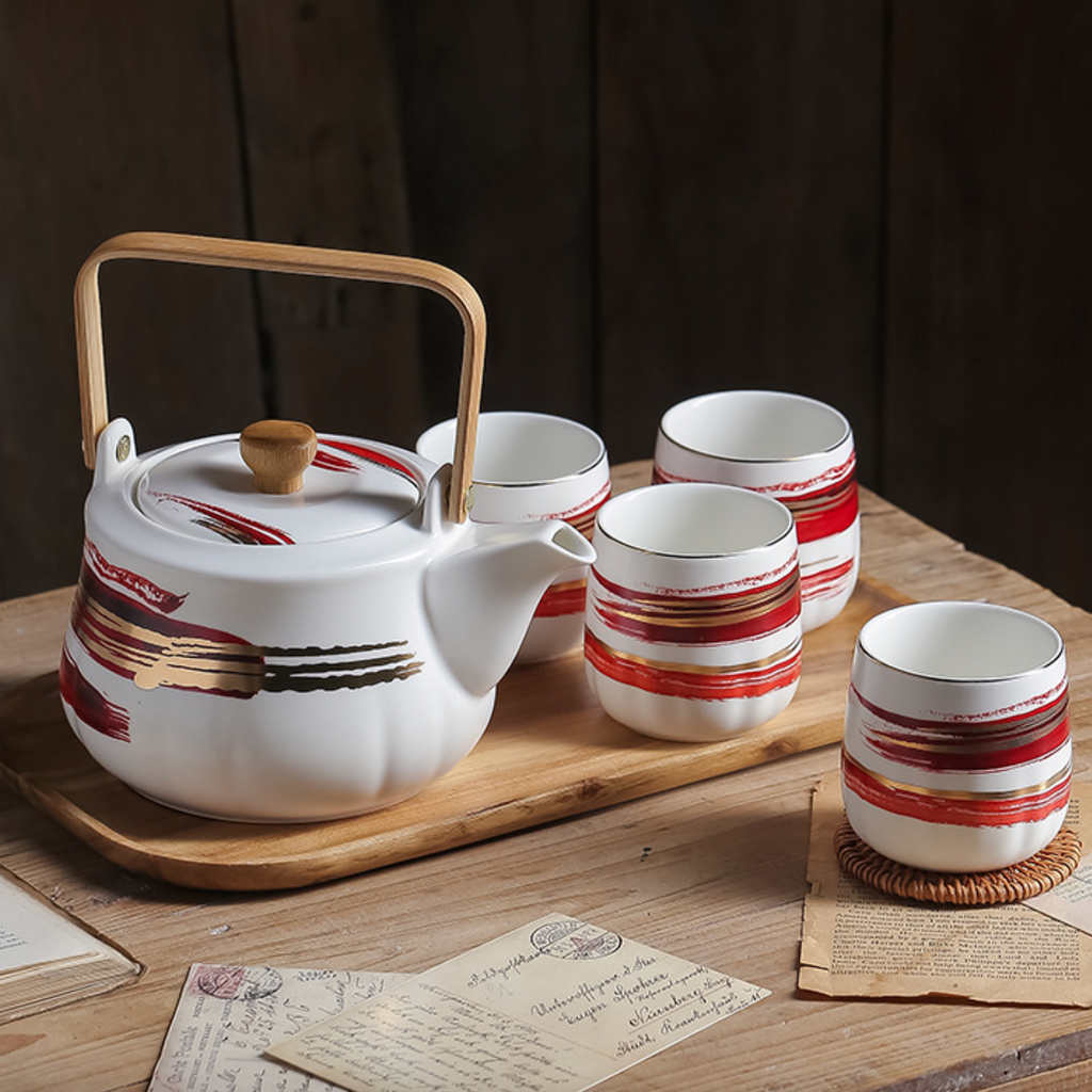 Red Porcelain Tea Pot Set Nestasia