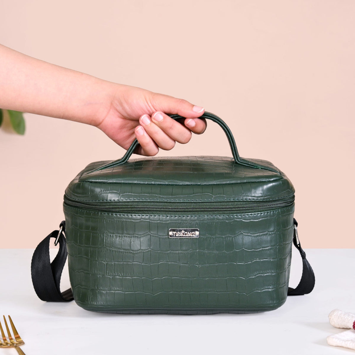 Set of 3 Lunch Box Lunch Bag Set Faux Leather Green Nestasia