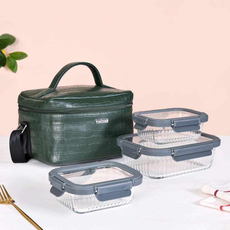 Set of 3 Lunch Box Lunch Bag Set Faux Leather Green Nestasia