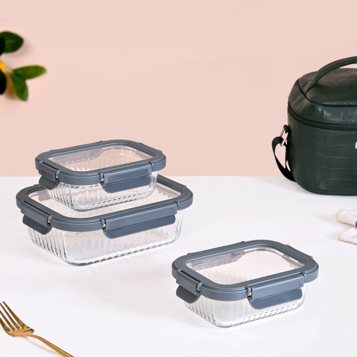 Set of 3 Lunch Box Lunch Bag Set Faux Leather Green Nestasia