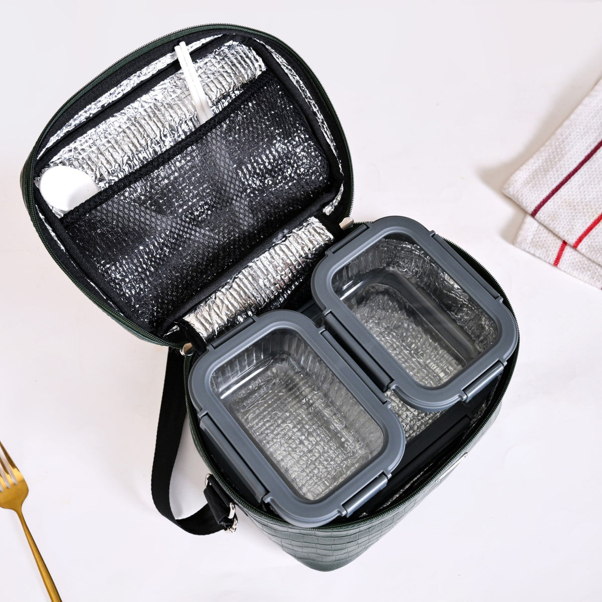Set of 3 Lunch Box Lunch Bag Set Faux Leather Green Nestasia