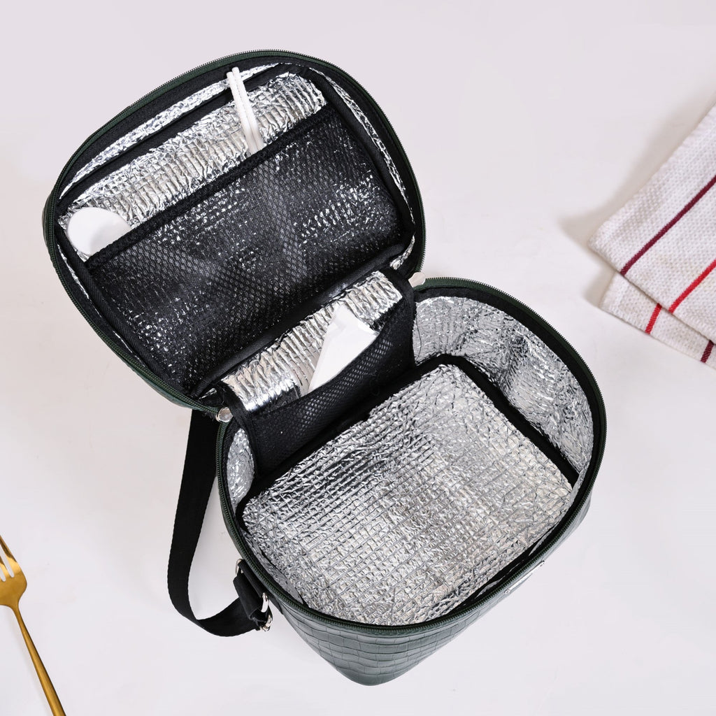 Set of 3 Lunch Box Lunch Bag Set Faux Leather Green Nestasia