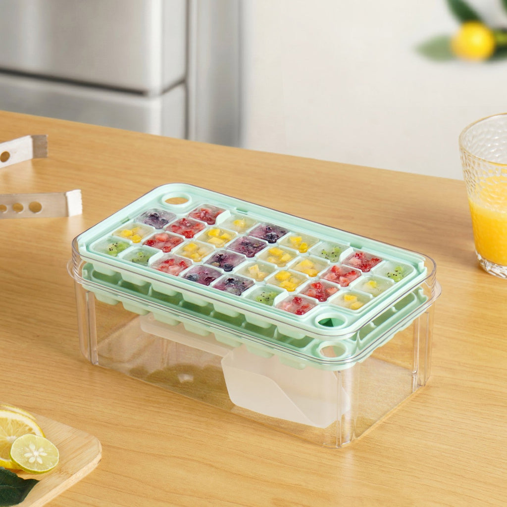 One Press Double Layer Ice Cube Tray With Bin And Scoop 2200ml Nestasia
