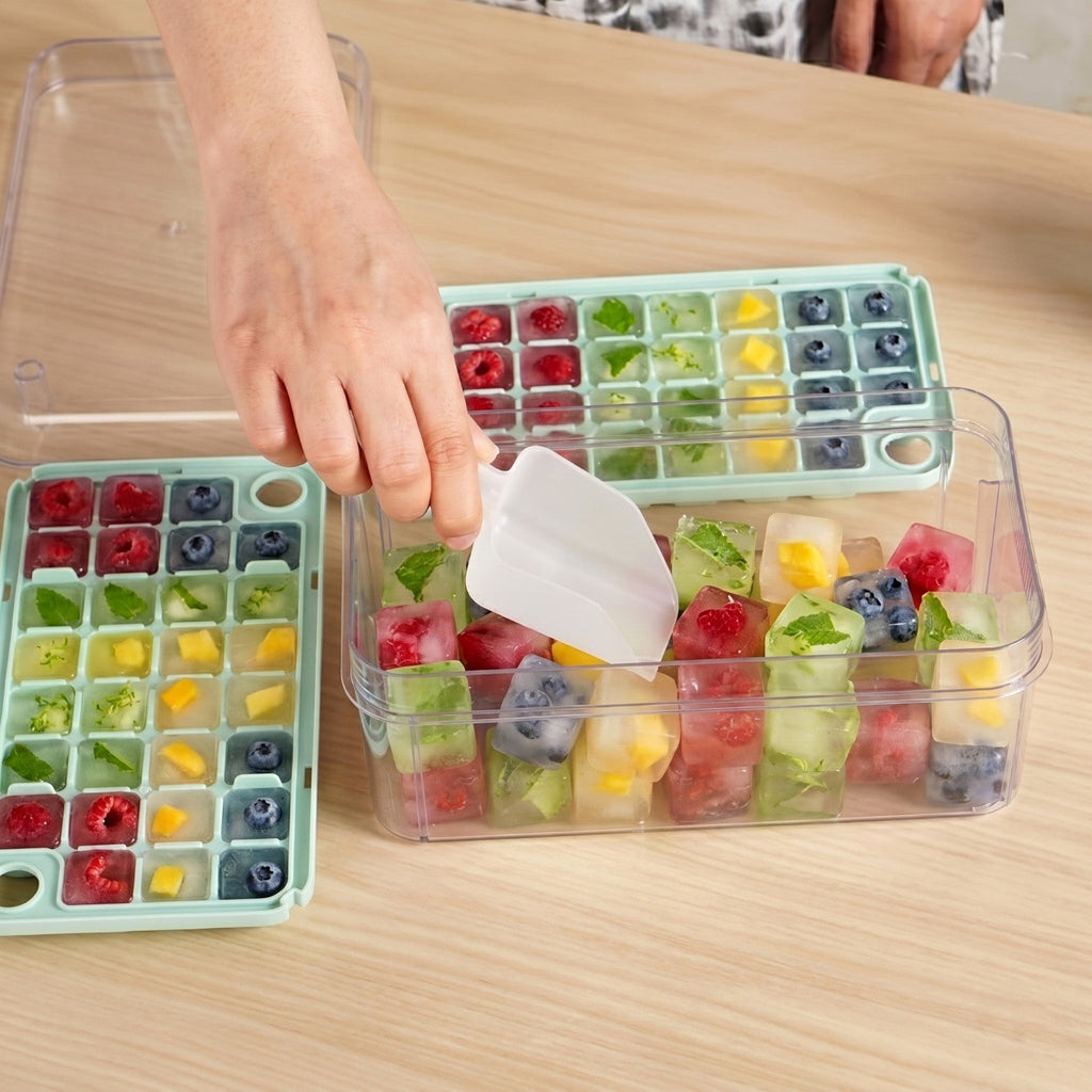 One Press Double Layer Ice Cube Tray With Bin And Scoop 2200ml Nestasia