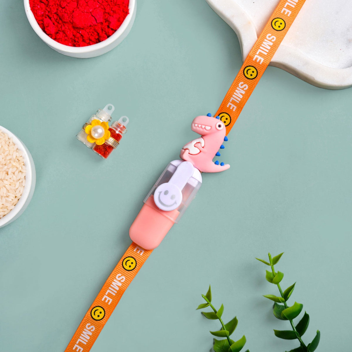 Orange Dino Rakhi Gift Set Nestasia